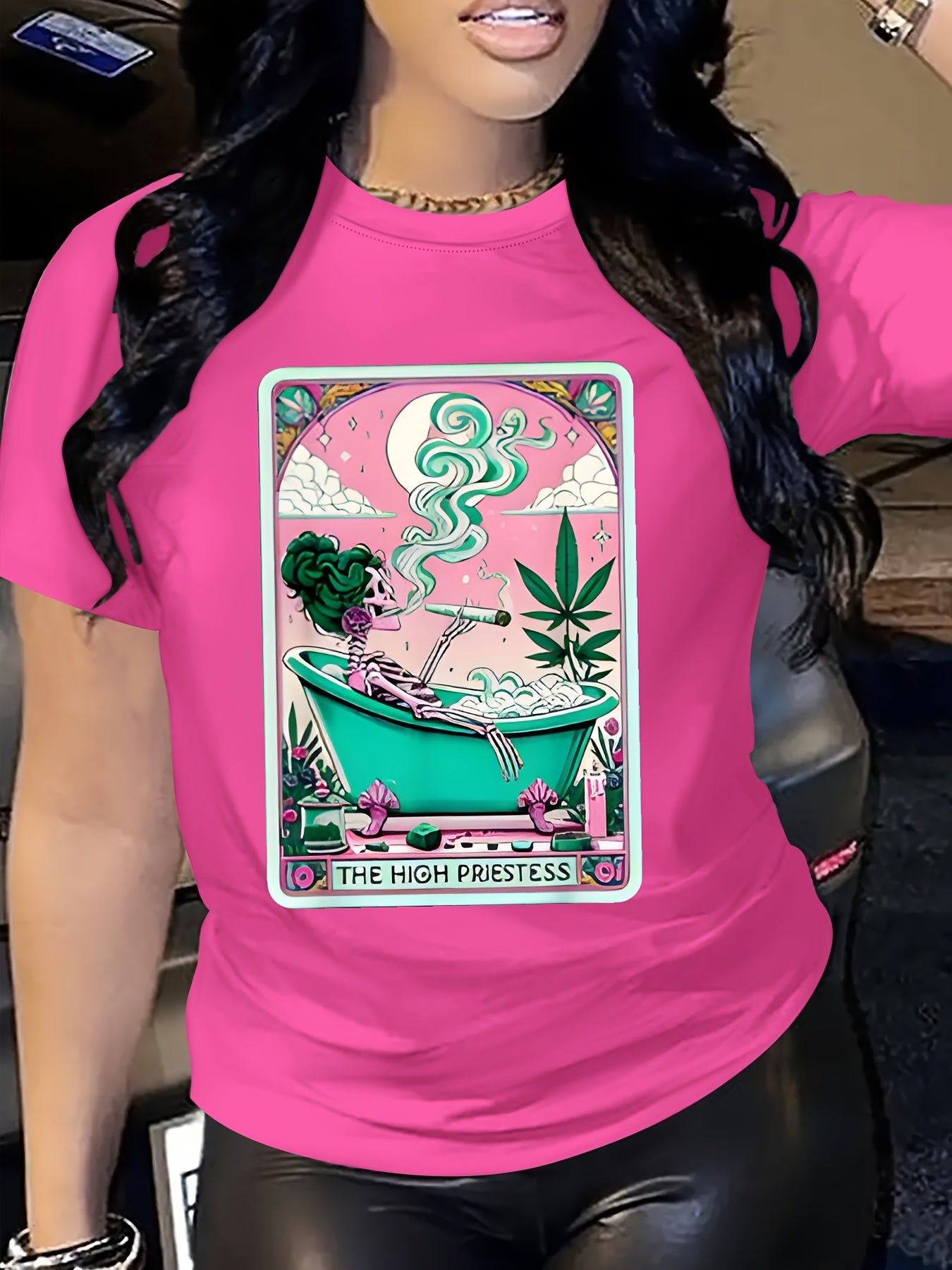 Casual Short-Sleeve Round-Neck T-Shirt with Weed-Themed Print