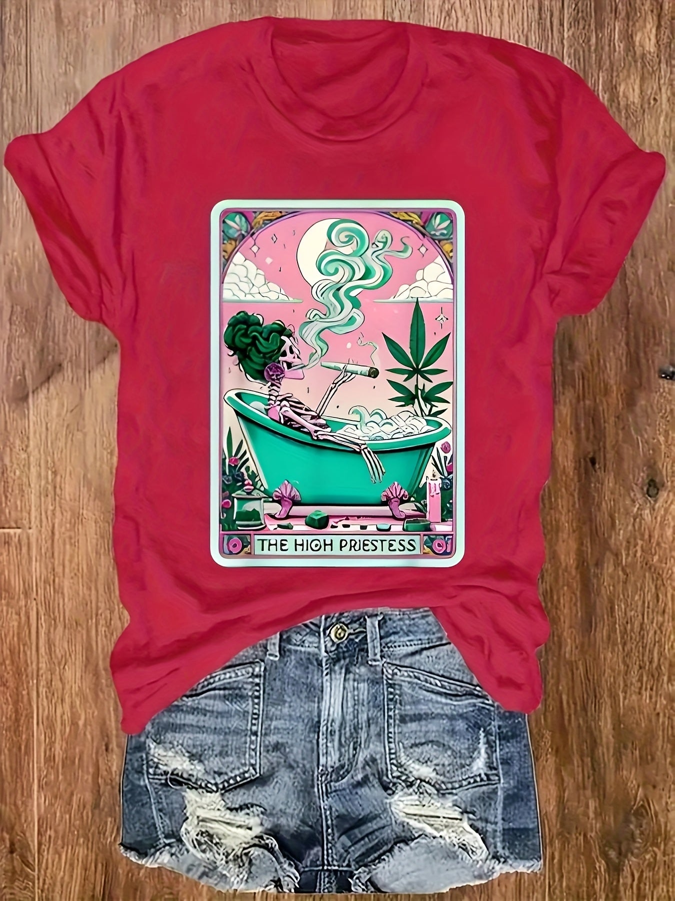 Casual Short-Sleeve Round-Neck T-Shirt with Weed-Themed Print