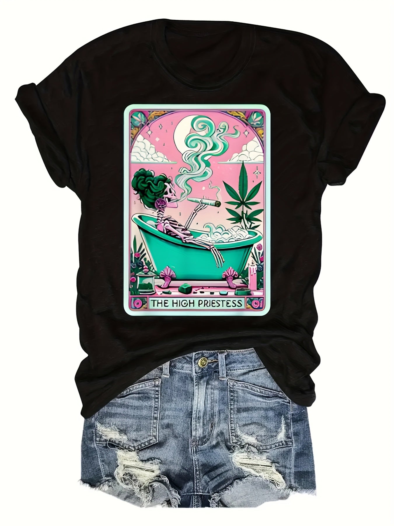Casual Short-Sleeve Round-Neck T-Shirt with Weed-Themed Print