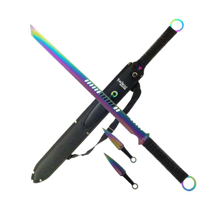 Tactical Master 27" Rainbow Machete Tanto Blade with 2 pcs 6" Throwing Knife