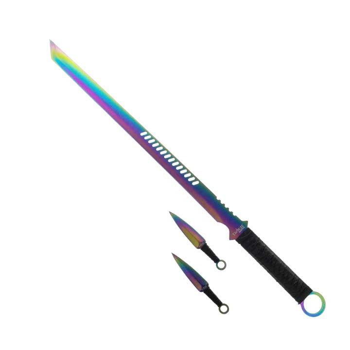 Tactical Master 27" Rainbow Machete Tanto Blade with 2 pcs 6" Throwing Knife