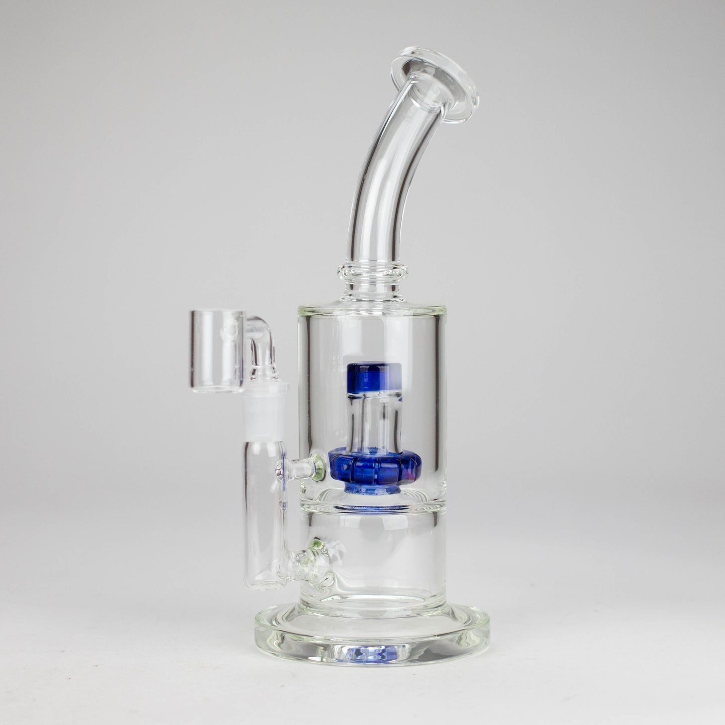 9 2-in-1 Color accented Glass Dag Rig with Percolator featuring a clear design with blue accents.