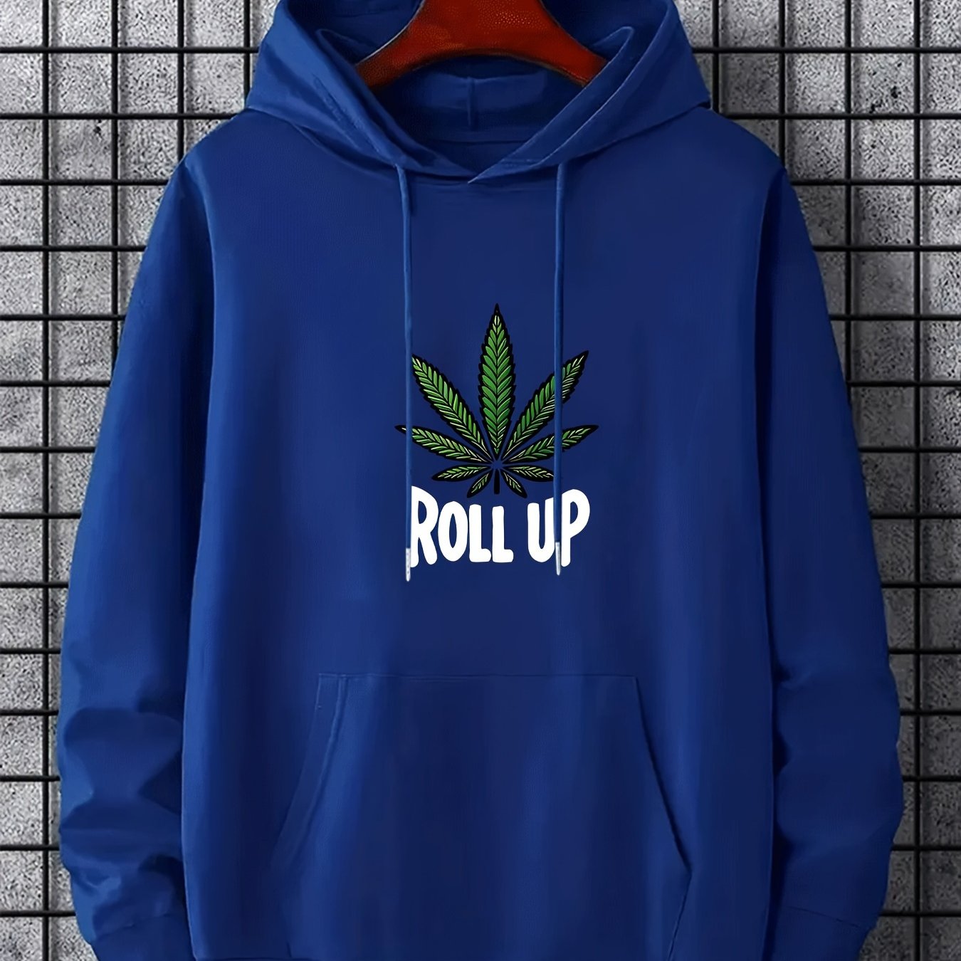 Men's Polyester Hooded Sweatshirt with Geometric Leaf Applique, Sports Style Active Hoodie with Slight Stretch, Regular Fit Knit Fabric Pullover - Casual Hip Hop Streetwear