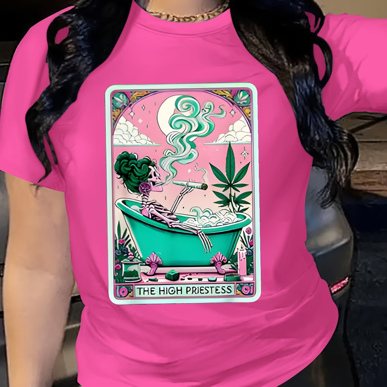 Casual Short-Sleeve Round-Neck T-Shirt with Weed-Themed Print