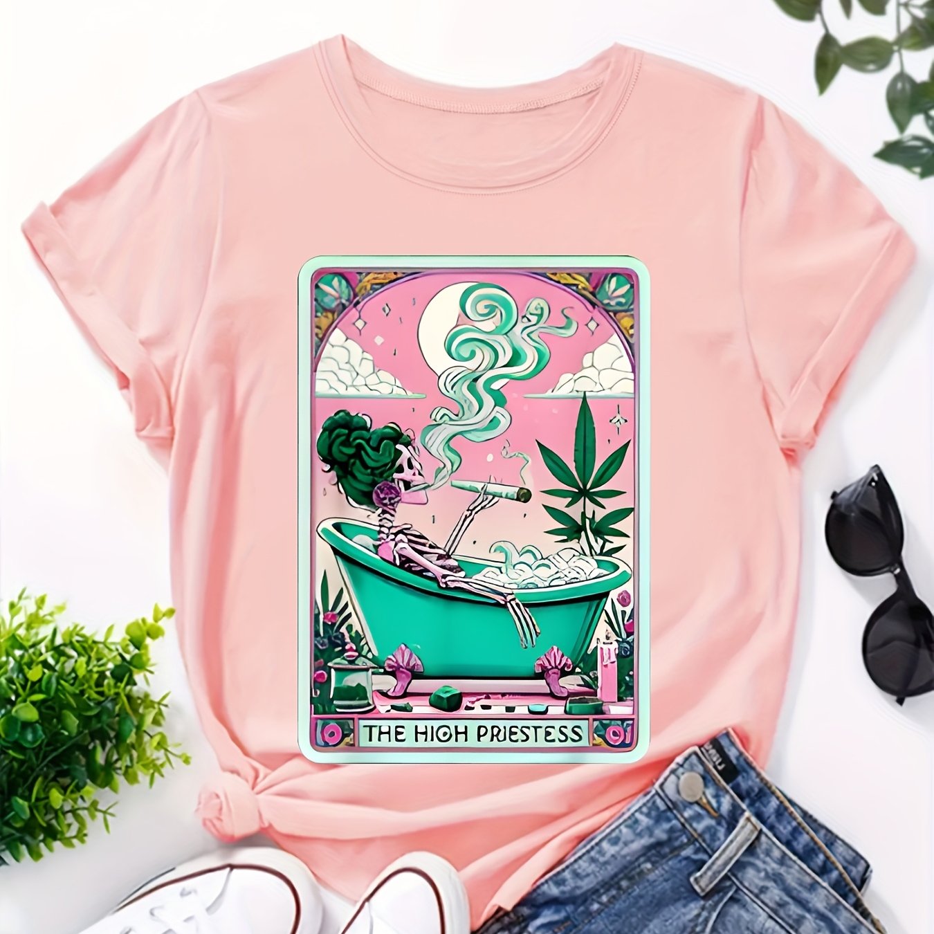 Casual Short-Sleeve Round-Neck T-Shirt with Weed-Themed Print