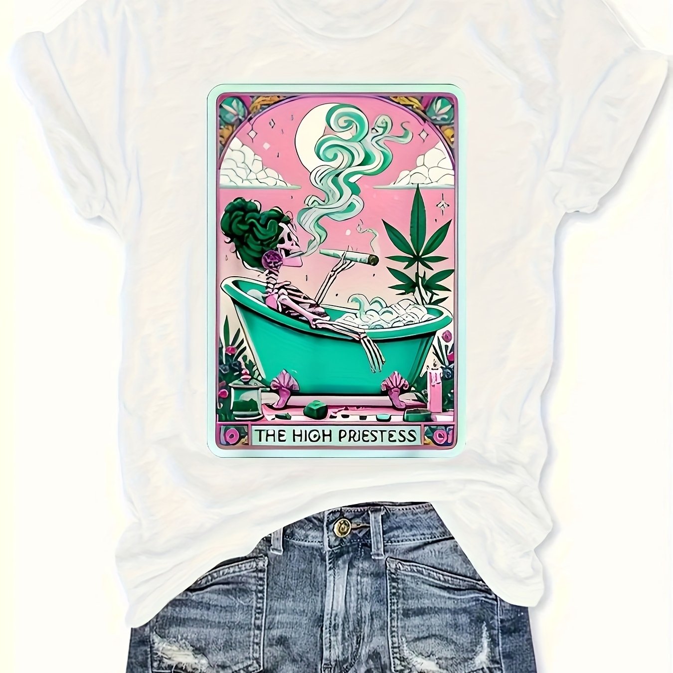 Casual Short-Sleeve Round-Neck T-Shirt with Weed-Themed Print
