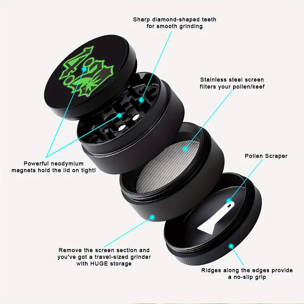 1pc 420 Design Zinc Alloy Grinder - 50mm/63mm Portable Manual 4-Layer Grater with Leaf Motif, Durable Metal Herb Crusher for Men & Women, Birthday Holiday Gifts, Sleek Grinder | Electrical Operation Not Required