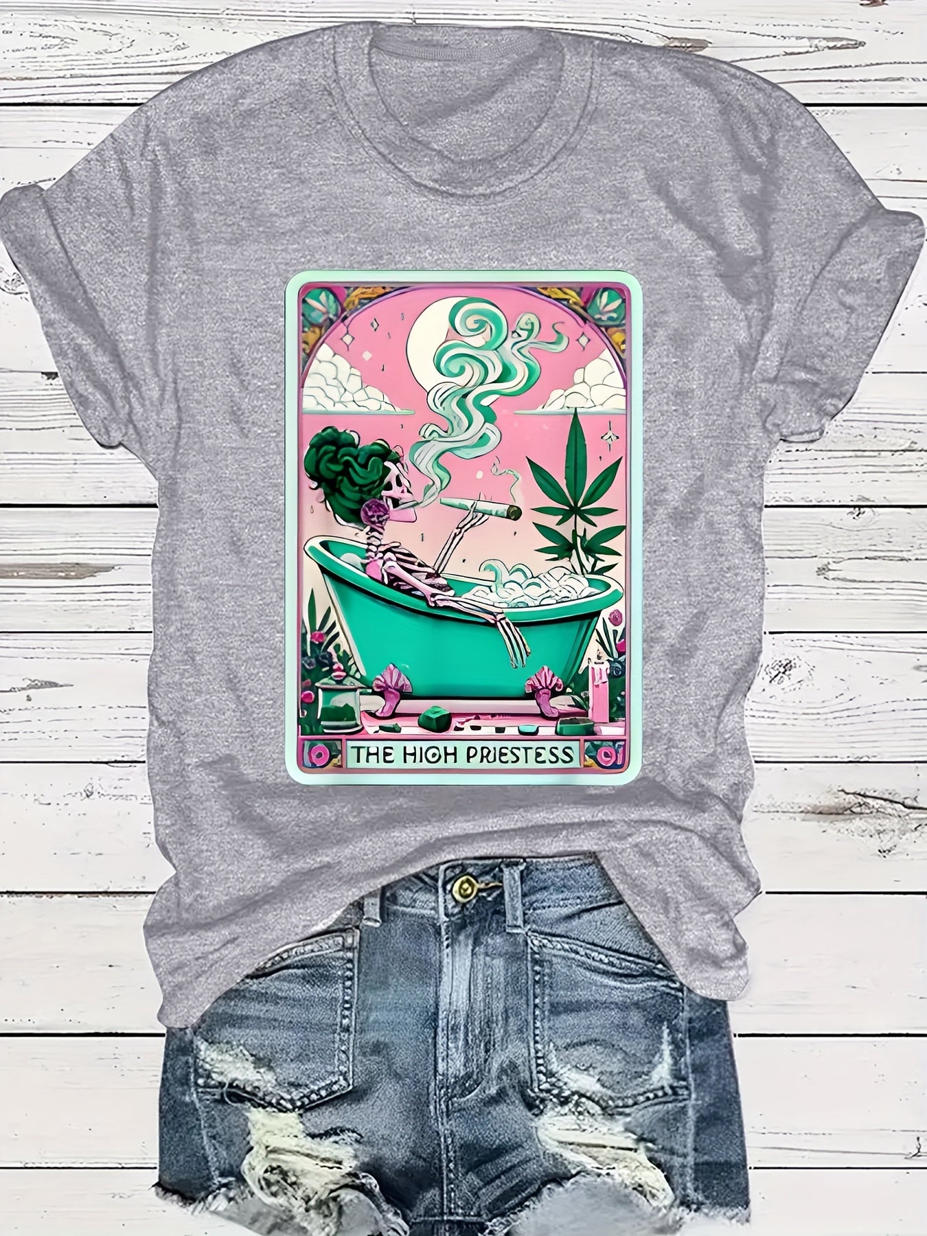 Casual Short-Sleeve Round-Neck T-Shirt with Weed-Themed Print