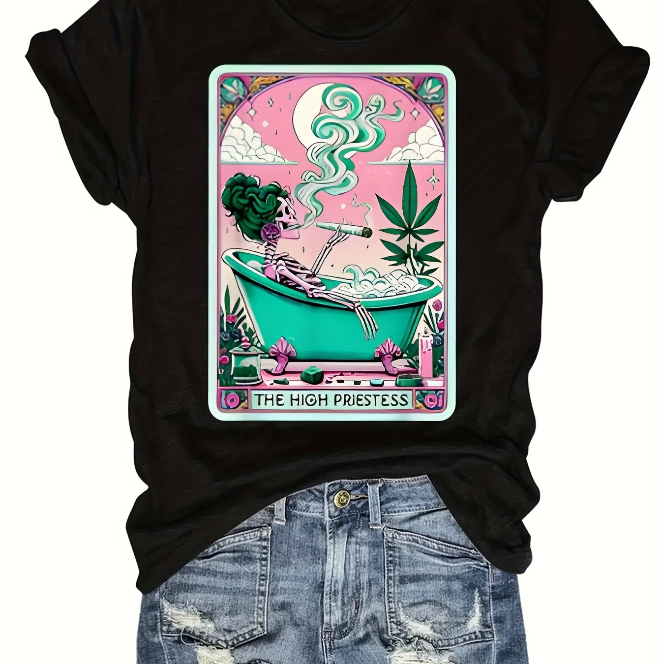 Casual Short-Sleeve Round-Neck T-Shirt with Weed-Themed Print