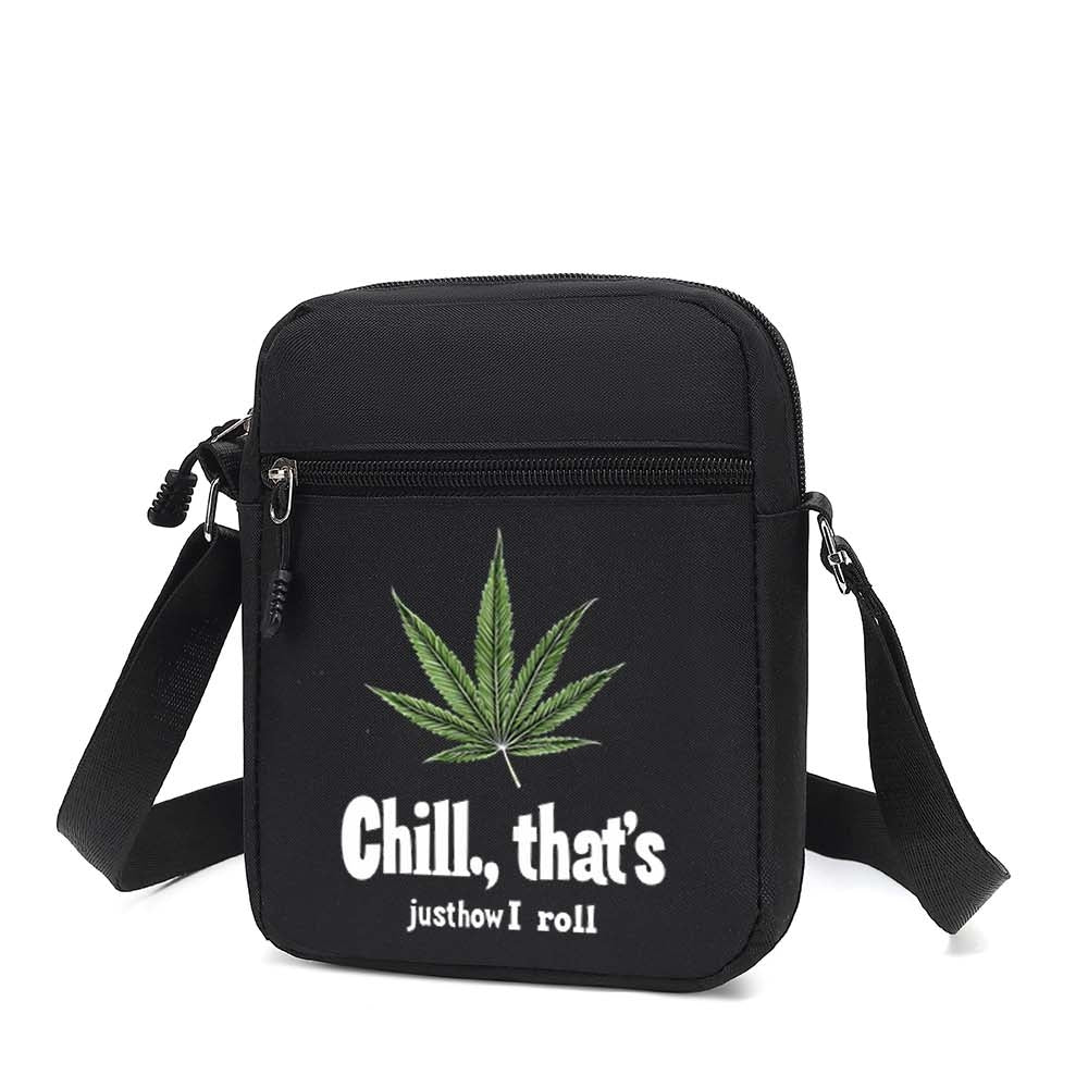 Men's Stylish Black Crossbody Bag with "Chill, That's Just How I Roll" Leaf Design - Casual Shoulder Bag for Everyday Use