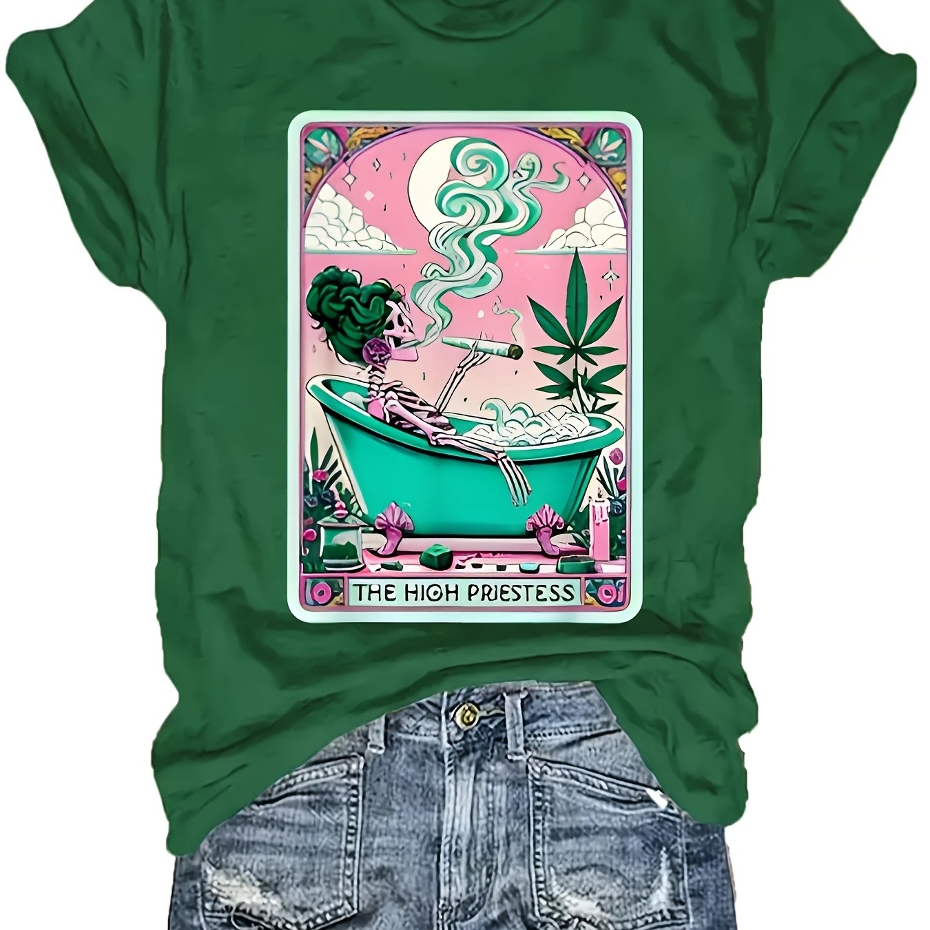 Casual Short-Sleeve Round-Neck T-Shirt with Weed-Themed Print