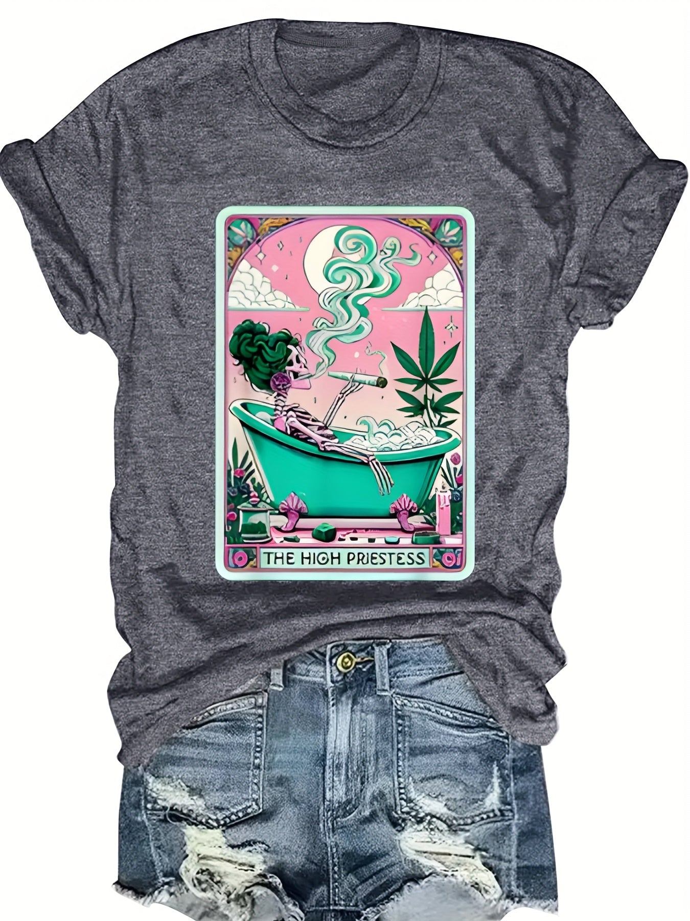 Casual Short-Sleeve Round-Neck T-Shirt with Weed-Themed Print