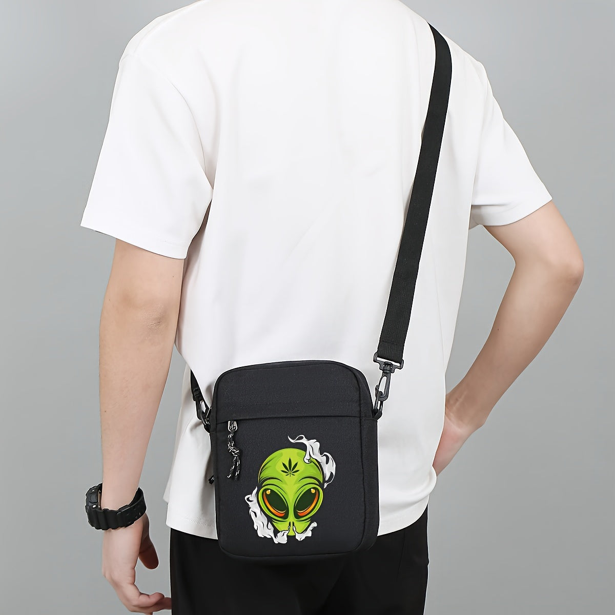 Casual Oxford Shoulder Bag for Men, Halloween Theme Crossbody Sling with Alien Cannabis Design, Business Messenger Bag with Adjustable Strap, Durable - Black