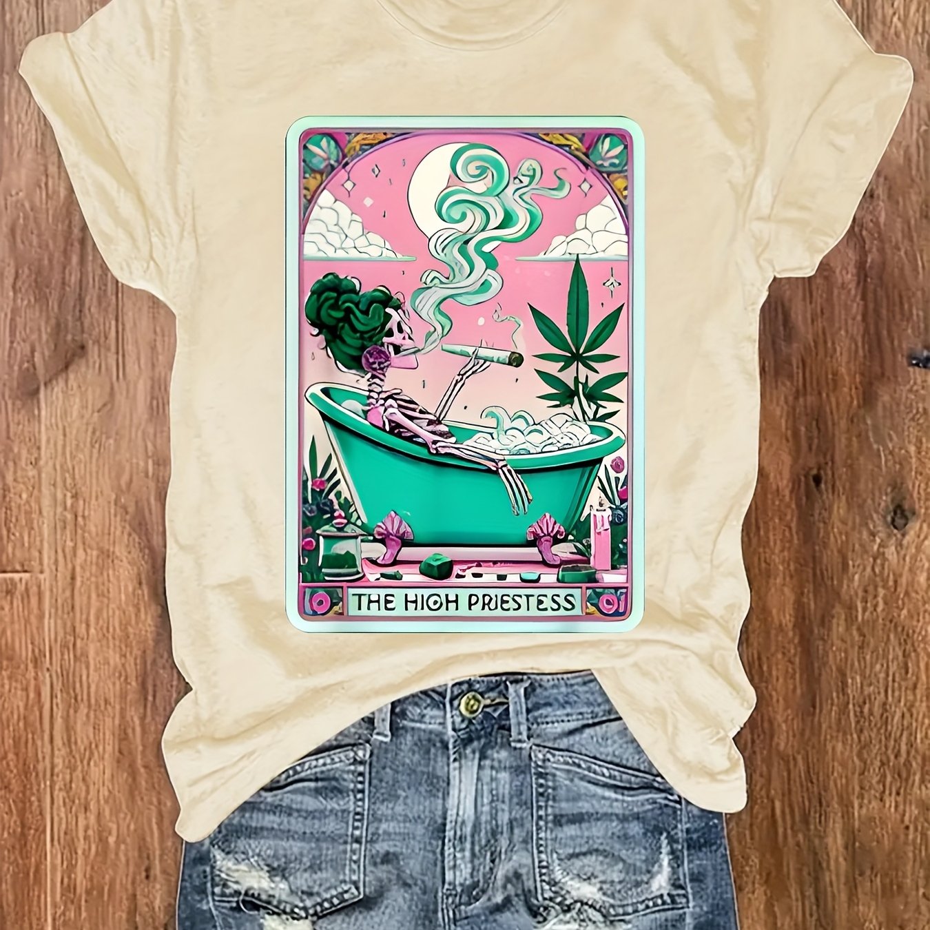 Casual Short-Sleeve Round-Neck T-Shirt with Weed-Themed Print