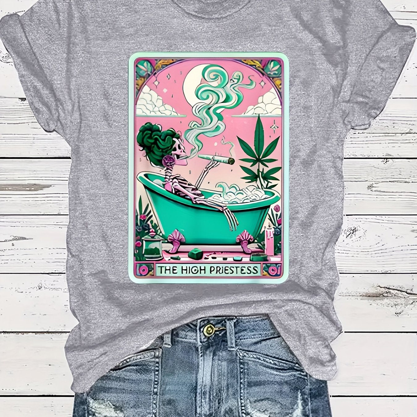 Casual Short-Sleeve Round-Neck T-Shirt with Weed-Themed Print