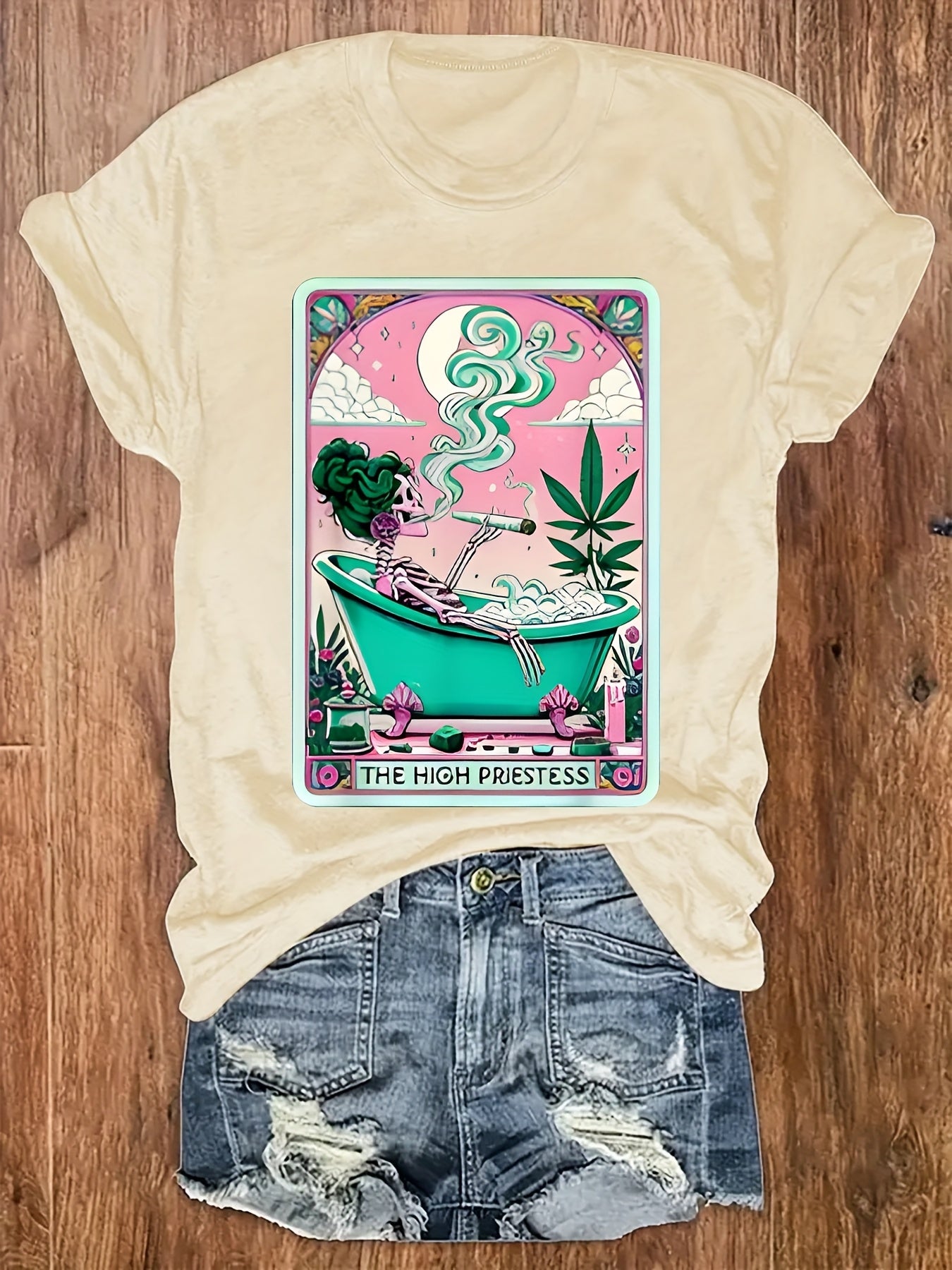 Casual Short-Sleeve Round-Neck T-Shirt with Weed-Themed Print