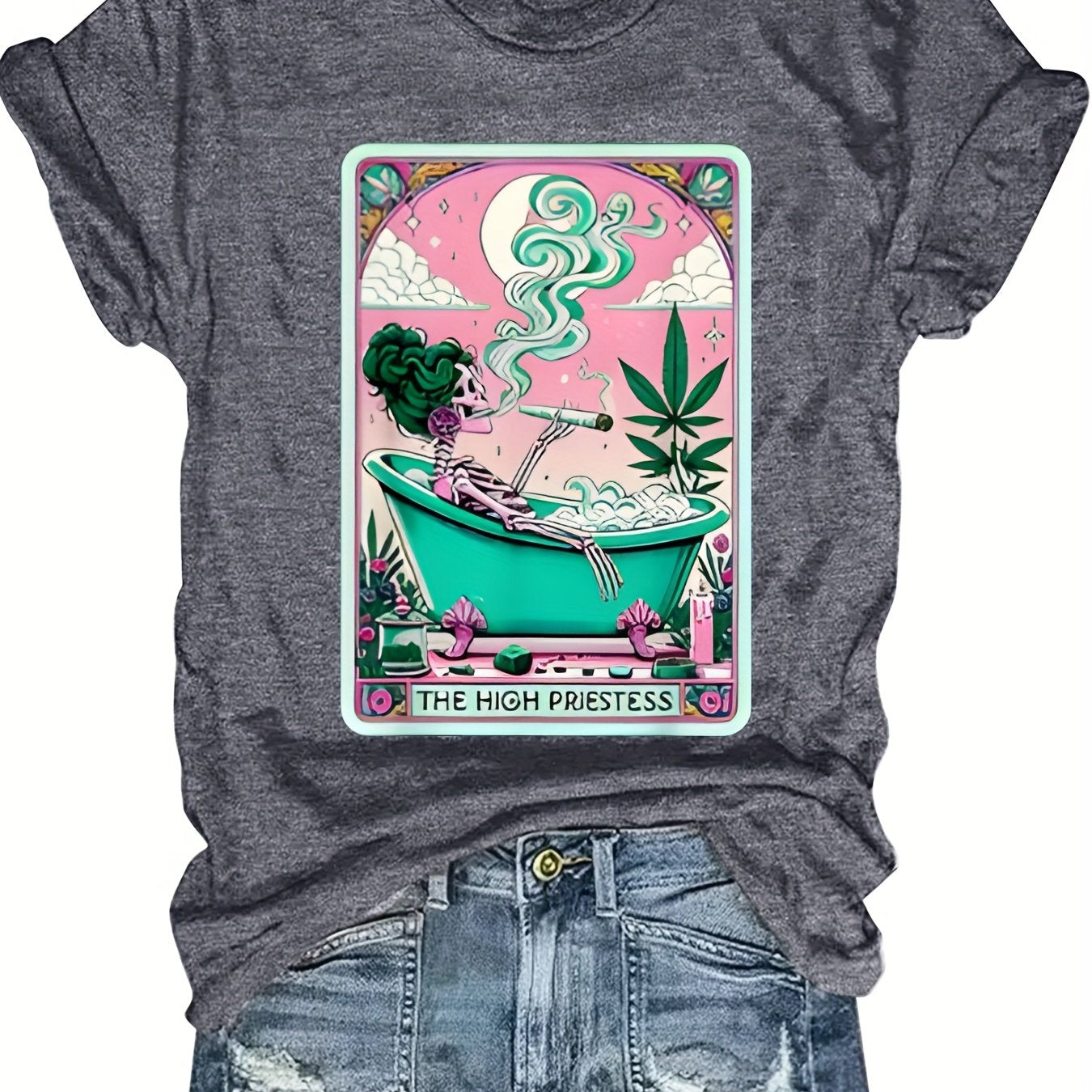 Casual Short-Sleeve Round-Neck T-Shirt with Weed-Themed Print