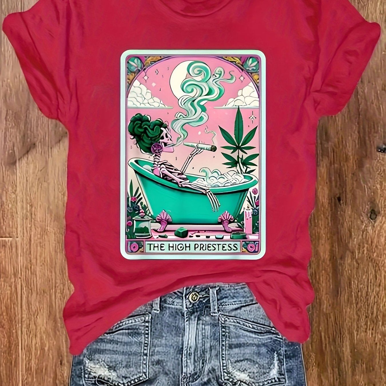 Casual Short-Sleeve Round-Neck T-Shirt with Weed-Themed Print