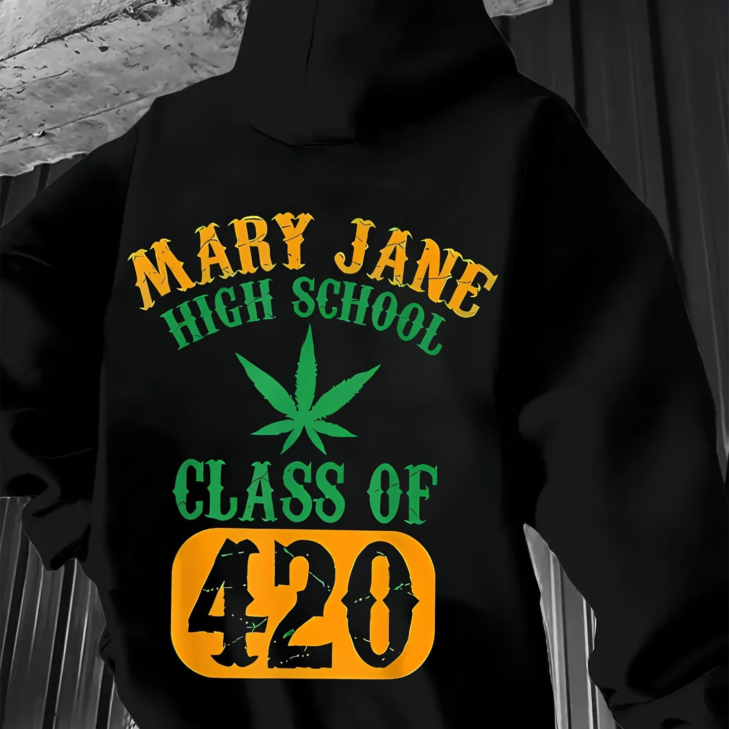 Men'S Casual Hoodie with "Mary Jane High School Class of 420" Print - Gray Pullover with Green Leaf Design, Comfortable Winter Wear, Everyday Comfort|Leaf Print Hoodie|Stretch Fabric, Sweater Hoodie