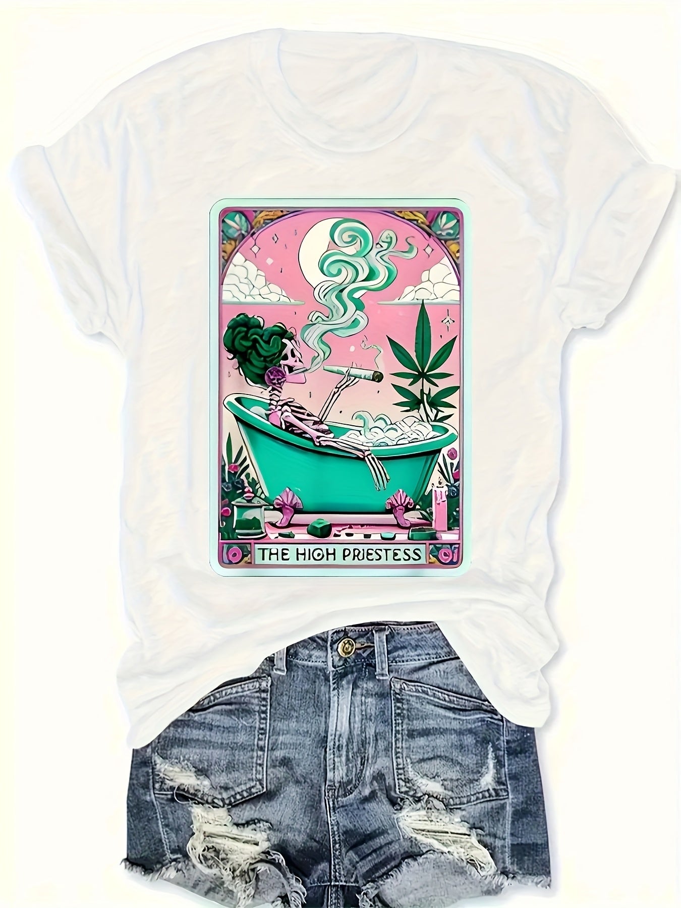 Casual Short-Sleeve Round-Neck T-Shirt with Weed-Themed Print