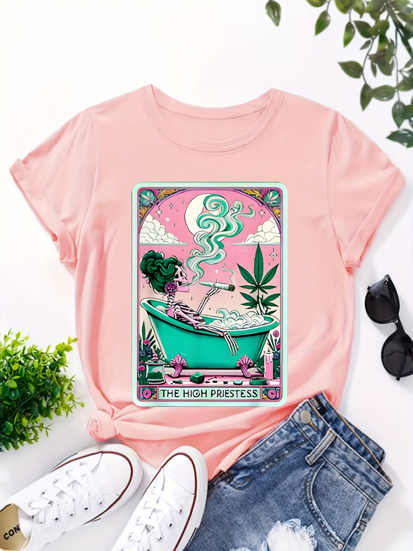 Casual Short-Sleeve Round-Neck T-Shirt with Weed-Themed Print
