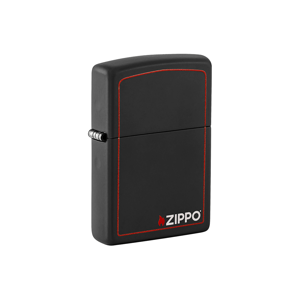 Zippo 218ZB Black Matte windproof lighter with red border and classic logo, packaged in gift box.