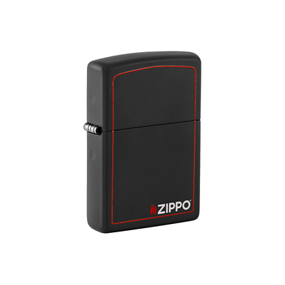 Zippo 218ZB Black Matte windproof lighter with red border and classic logo, packaged in gift box.