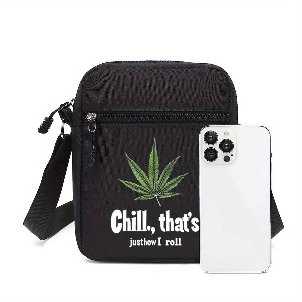 Men's Stylish Black Crossbody Bag with "Chill, That's Just How I Roll" Leaf Design - Casual Shoulder Bag for Everyday Use