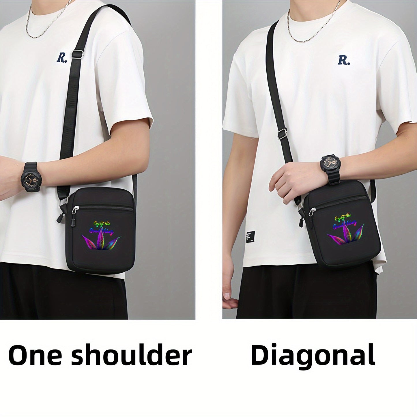 1pc Men's Psychedelic Neon "Enjoy the Good Vibe" Print Crossbody Bag - Adjustable Shoulder Strap, Zipper Closure, Durable Oxford Cloth & Polyester Lining, Spacious Casual Daypack for Daily Commute & Essentials