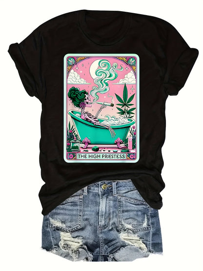 Casual Short-Sleeve Round-Neck T-Shirt with Weed-Themed Print