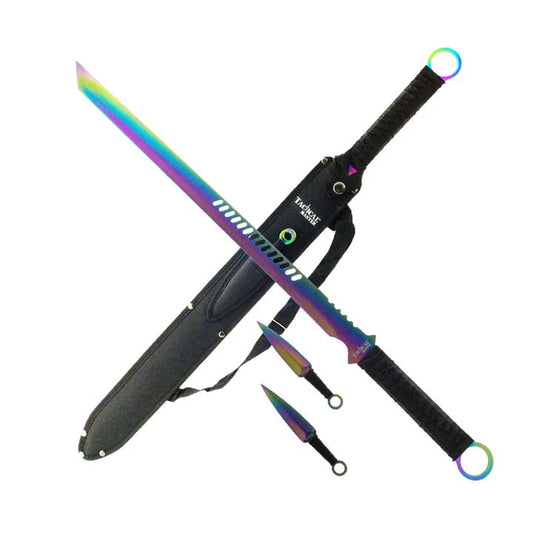 Tactical Master 27" Rainbow Machete Tanto Blade with 2 pcs 6" Throwing Knife