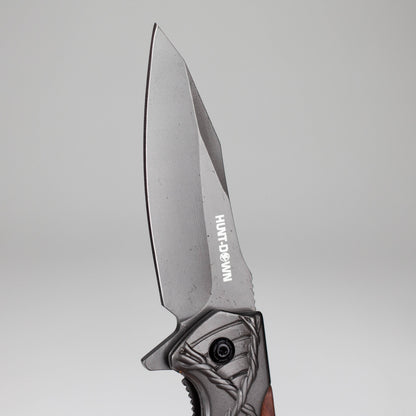 Hunt-Down | 8" Titanium Coated Finish Blade Ball Baring Folding Knife With Leather Sheath [14392]