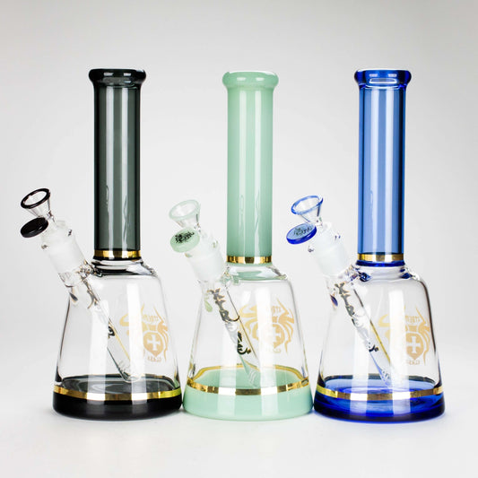 Three Color Tube Beaker Bongs in black, green, and blue - 11-inch borosilicate glass design for durability and performance.