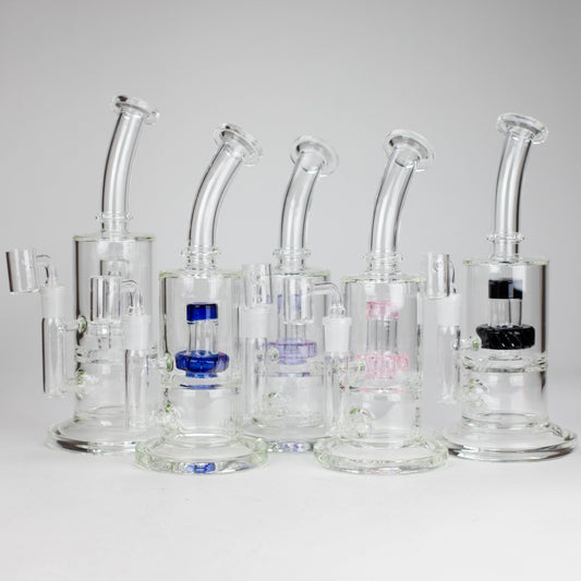 9" 2-in-1 Color accented Glass Dag Rig with Percolator collection, showcasing durability and style for smooth sessions.
