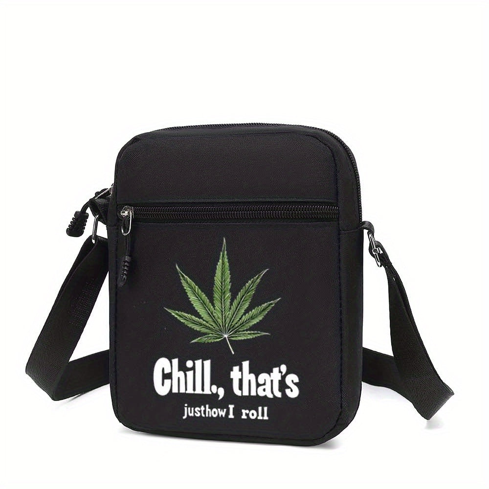Men's Stylish Black Crossbody Bag with "Chill, That's Just How I Roll" Leaf Design - Casual Shoulder Bag for Everyday Use