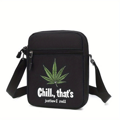 Men's Stylish Black Crossbody Bag with "Chill, That's Just How I Roll" Leaf Design - Casual Shoulder Bag for Everyday Use