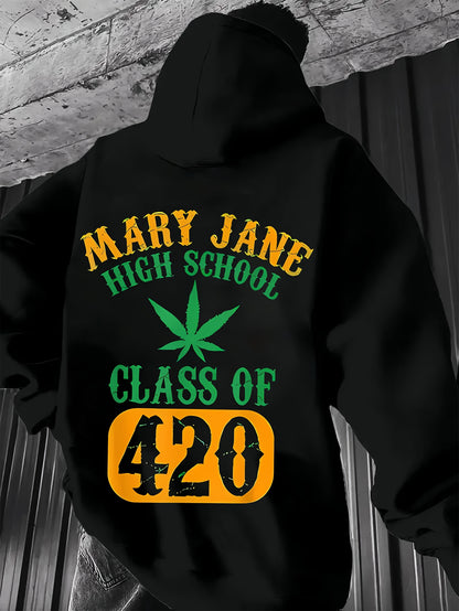Men'S Casual Hoodie with "Mary Jane High School Class of 420" Print - Gray Pullover with Green Leaf Design, Comfortable Winter Wear, Everyday Comfort|Leaf Print Hoodie|Stretch Fabric, Sweater Hoodie