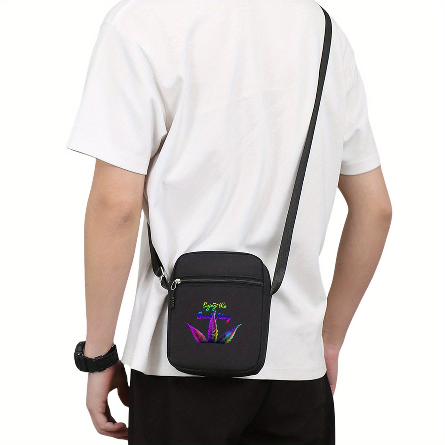 1pc Men's Psychedelic Neon "Enjoy the Good Vibe" Print Crossbody Bag - Adjustable Shoulder Strap, Zipper Closure, Durable Oxford Cloth & Polyester Lining, Spacious Casual Daypack for Daily Commute & Essentials