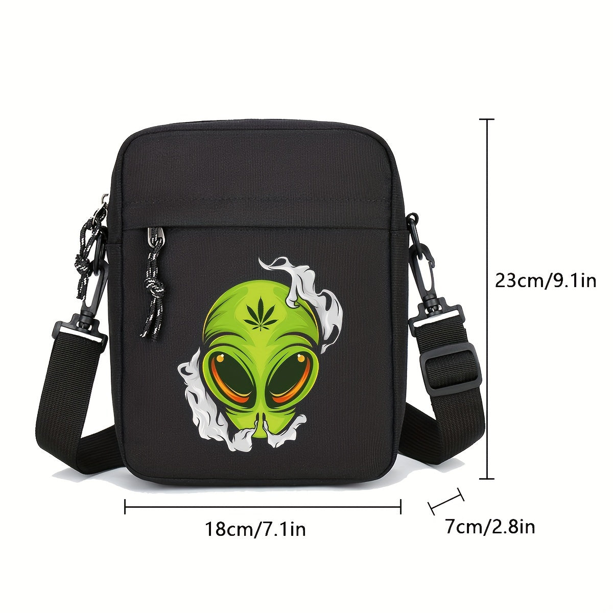 Casual Oxford Shoulder Bag for Men, Halloween Theme Crossbody Sling with Alien Cannabis Design, Business Messenger Bag with Adjustable Strap, Durable - Black