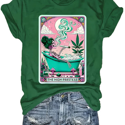 Casual Short-Sleeve Round-Neck T-Shirt with Weed-Themed Print