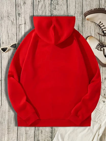 Men's Polyester Hooded Sweatshirt with Geometric Leaf Applique, Sports Style Active Hoodie with Slight Stretch, Regular Fit Knit Fabric Pullover - Casual Hip Hop Streetwear