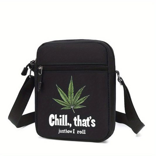Men's Stylish Black Crossbody Bag with "Chill, That's Just How I Roll" Leaf Design - Casual Shoulder Bag for Everyday Use