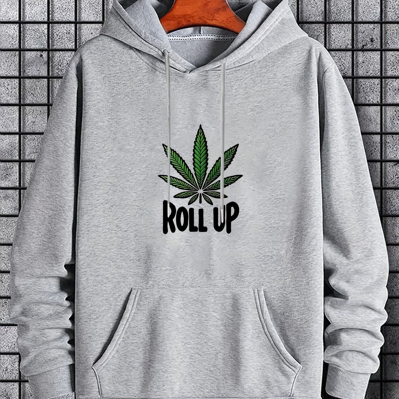 Men's Polyester Hooded Sweatshirt with Geometric Leaf Applique, Sports Style Active Hoodie with Slight Stretch, Regular Fit Knit Fabric Pullover - Casual Hip Hop Streetwear