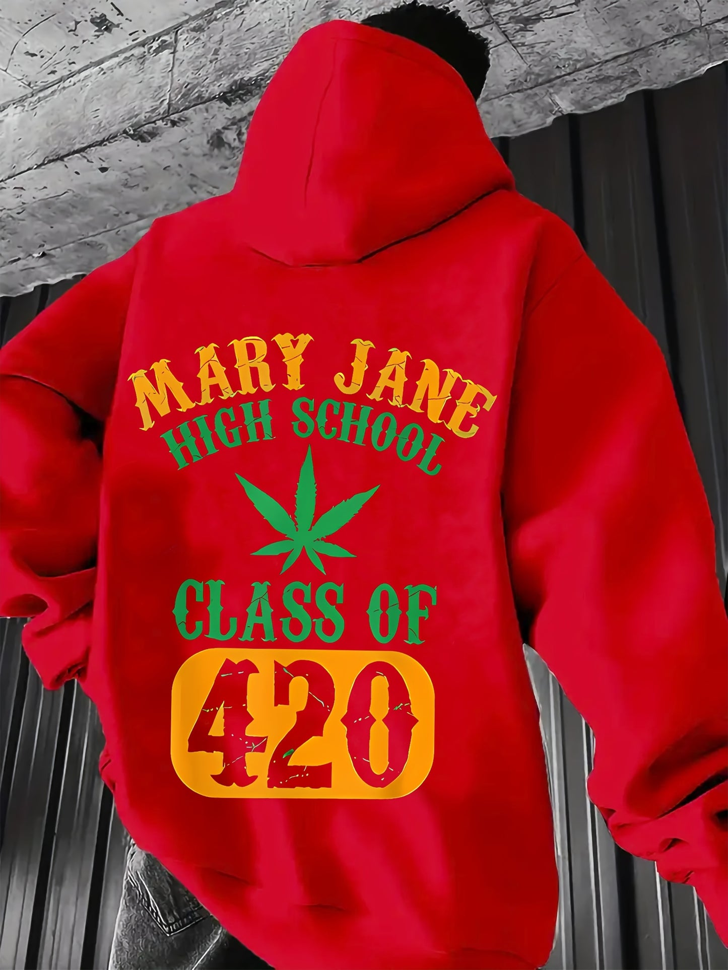 Men'S Casual Hoodie with "Mary Jane High School Class of 420" Print - Gray Pullover with Green Leaf Design, Comfortable Winter Wear, Everyday Comfort|Leaf Print Hoodie|Stretch Fabric, Sweater Hoodie
