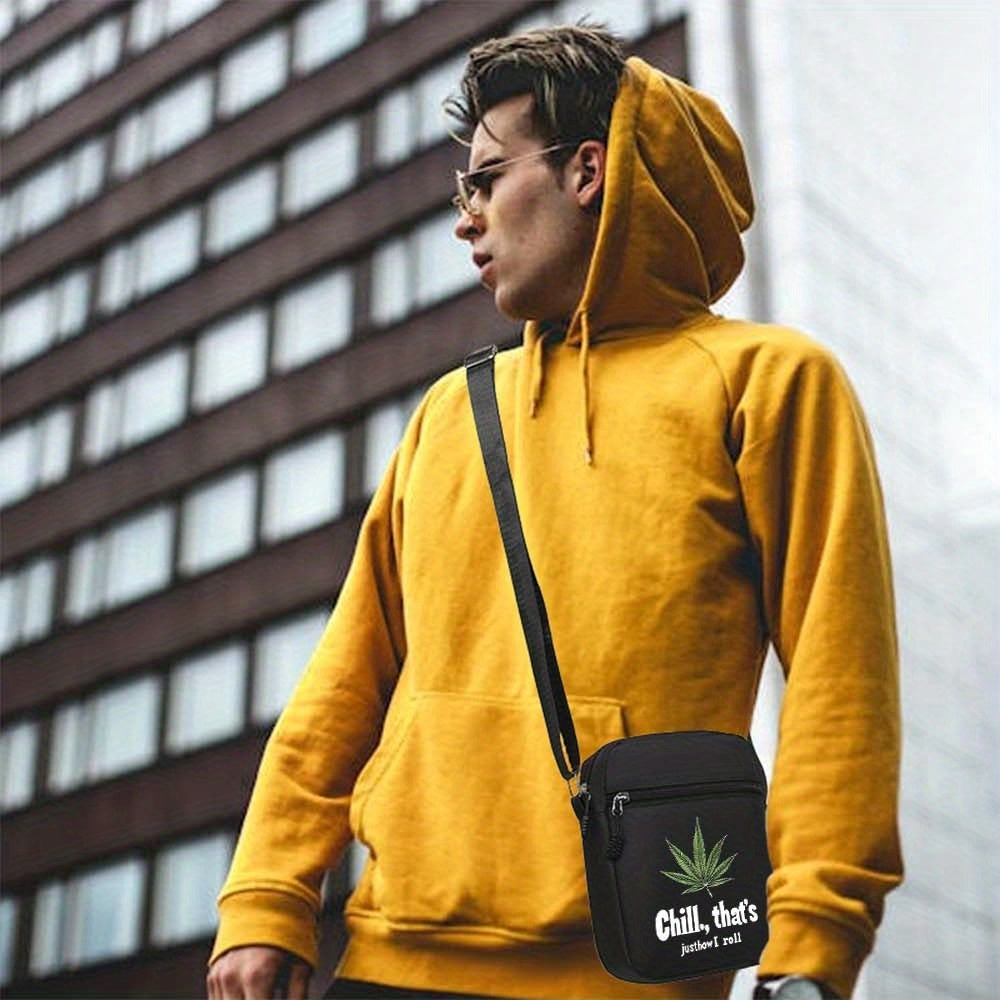 Men's Stylish Black Crossbody Bag with "Chill, That's Just How I Roll" Leaf Design - Casual Shoulder Bag for Everyday Use
