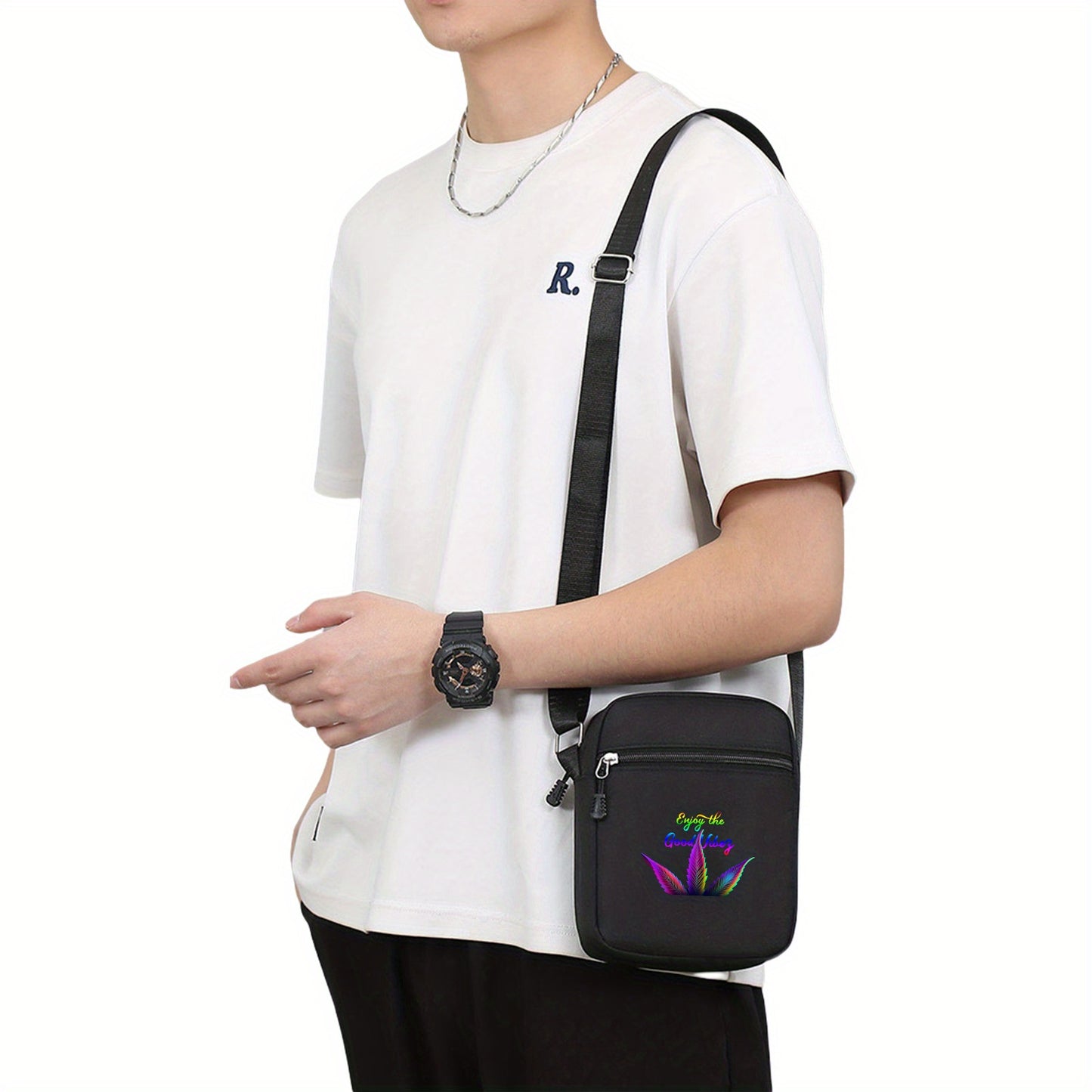 1pc Men's Psychedelic Neon "Enjoy the Good Vibe" Print Crossbody Bag - Adjustable Shoulder Strap, Zipper Closure, Durable Oxford Cloth & Polyester Lining, Spacious Casual Daypack for Daily Commute & Essentials
