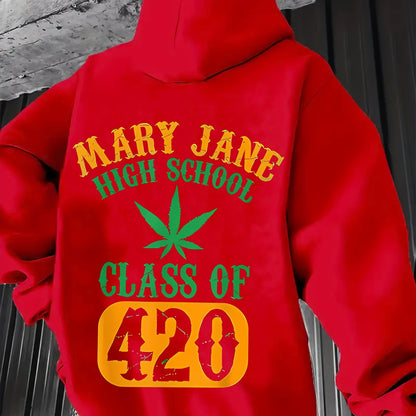 Men'S Casual Hoodie with "Mary Jane High School Class of 420" Print - Gray Pullover with Green Leaf Design, Comfortable Winter Wear, Everyday Comfort|Leaf Print Hoodie|Stretch Fabric, Sweater Hoodie