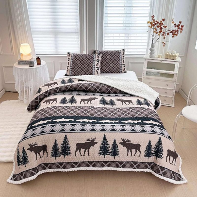 Lodge Collection Sherpa Lined 3pcs Queen size quilt bed set [6260]