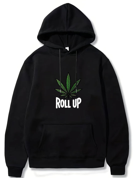 Men's Polyester Hooded Sweatshirt with Geometric Leaf Applique, Sports Style Active Hoodie with Slight Stretch, Regular Fit Knit Fabric Pullover - Casual Hip Hop Streetwear