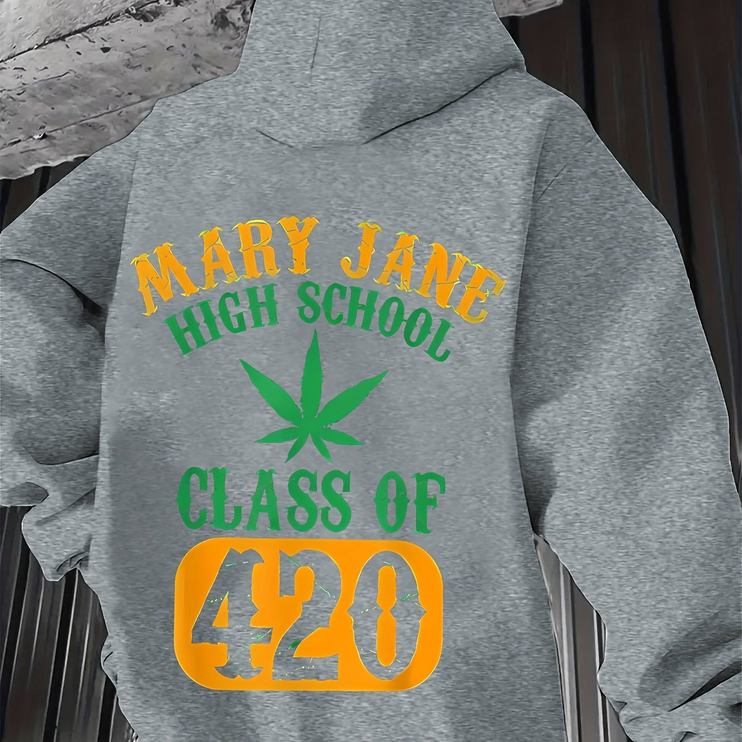 Men'S Casual Hoodie with "Mary Jane High School Class of 420" Print - Gray Pullover with Green Leaf Design, Comfortable Winter Wear, Everyday Comfort|Leaf Print Hoodie|Stretch Fabric, Sweater Hoodie